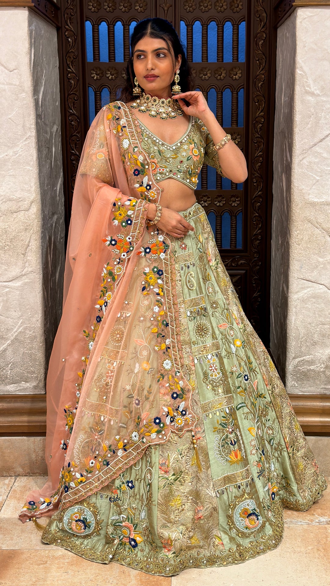 Sage Green Floral Embroidered Bridal Lehenga Set