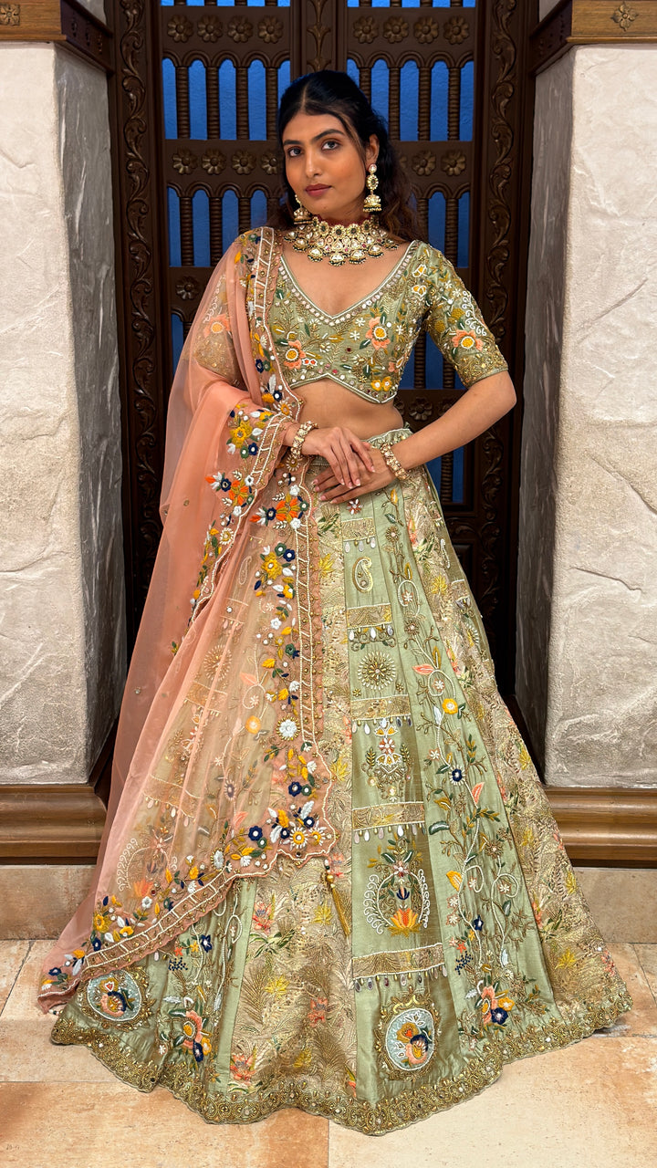 Sage Green Floral Embroidered Bridal Lehenga Set