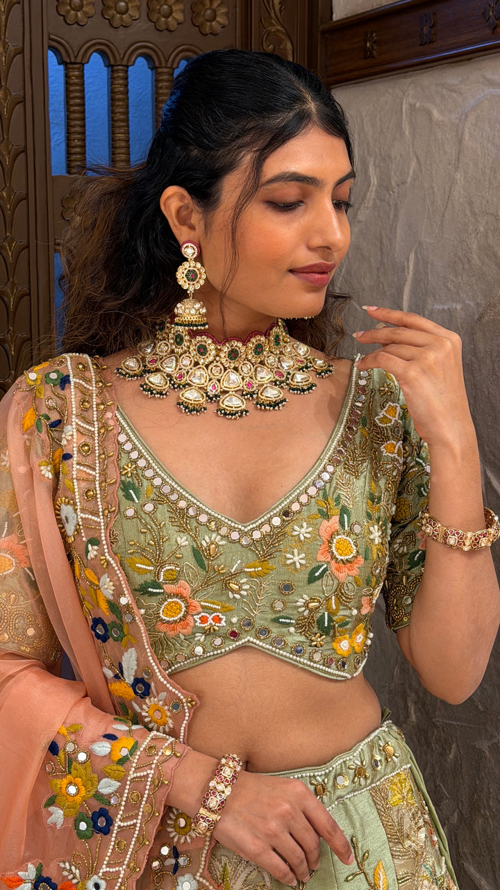 Sage Green Floral Embroidered Bridal Lehenga Set