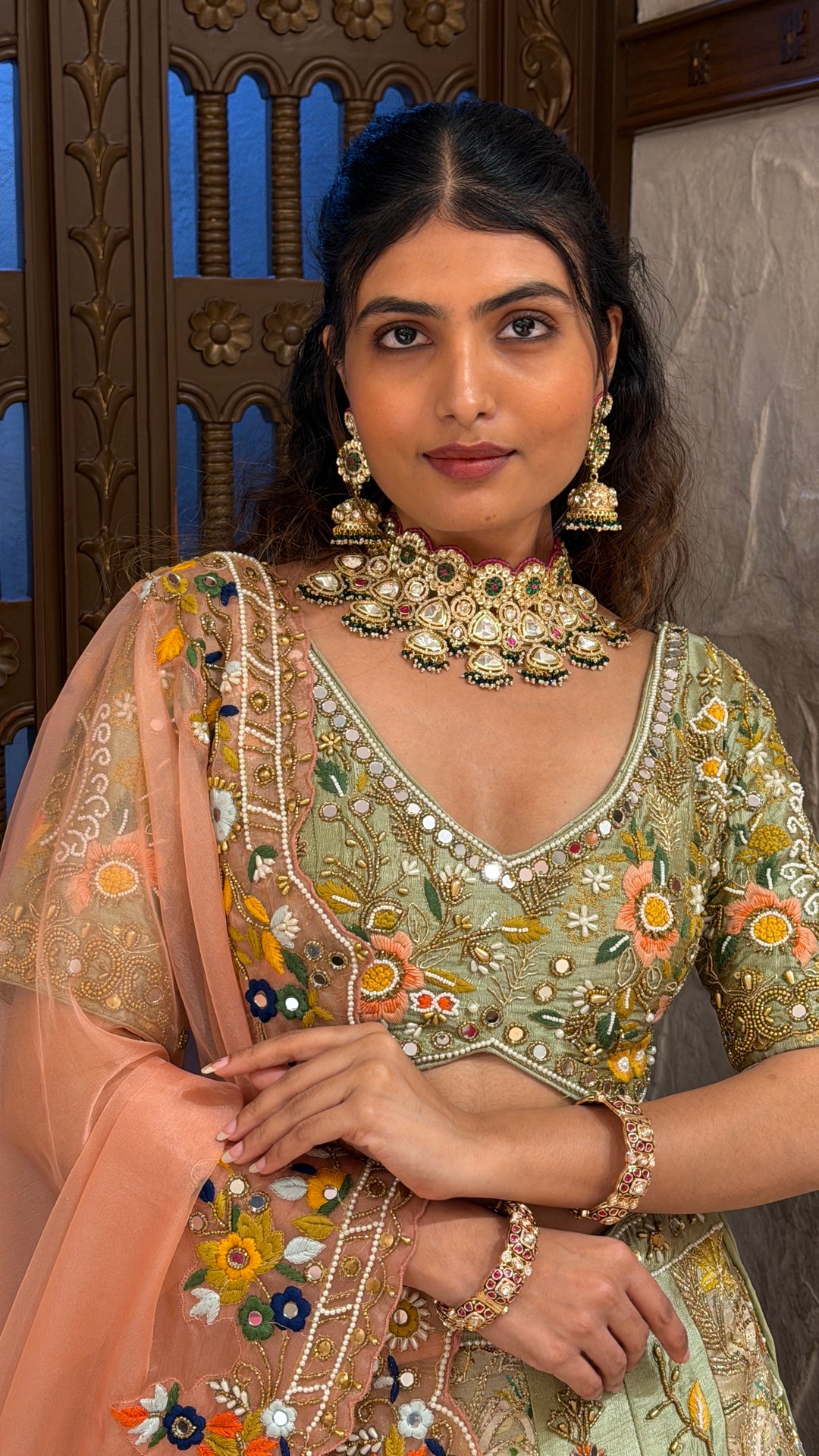 Sage Green Floral Embroidered Bridal Lehenga Set