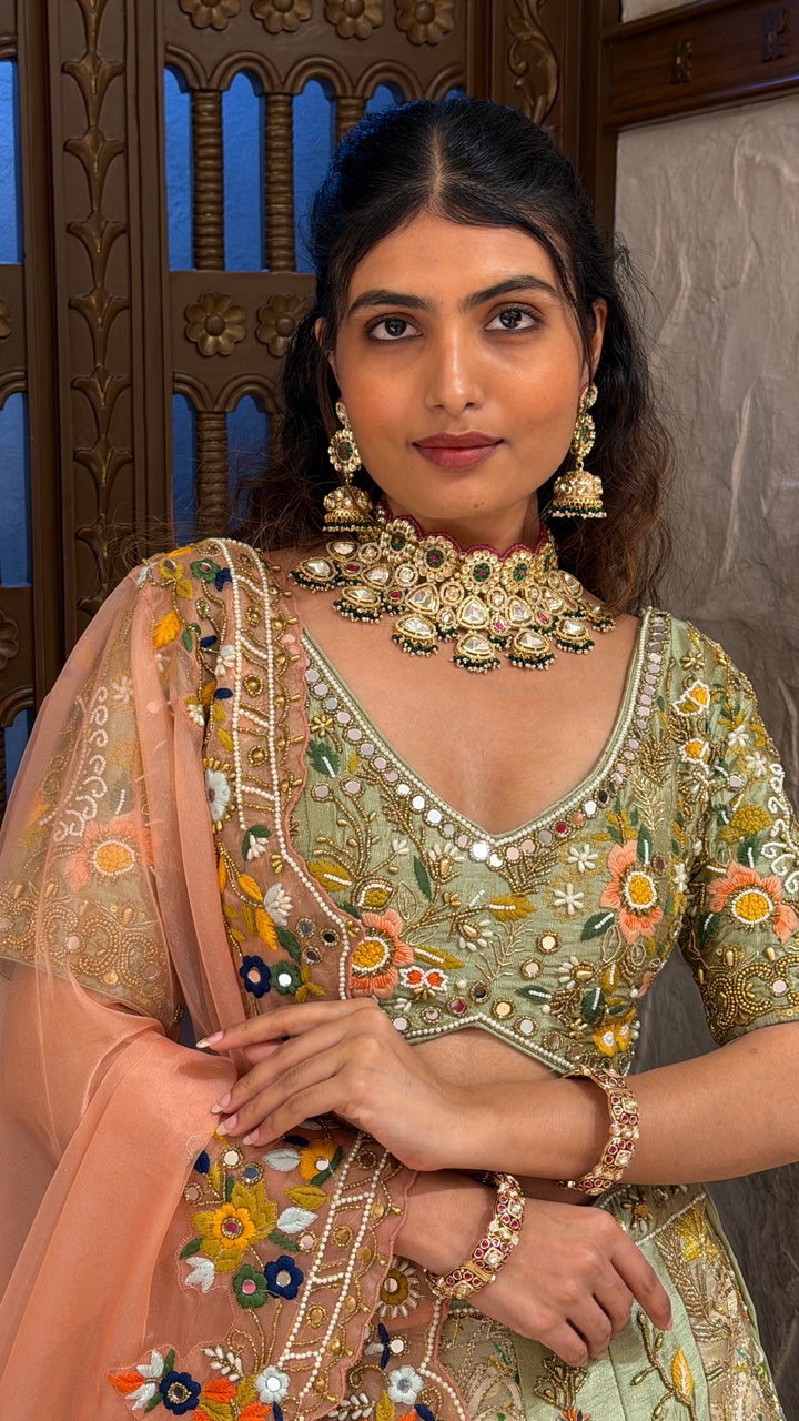 Sage Green Floral Embroidered Bridal Lehenga Set