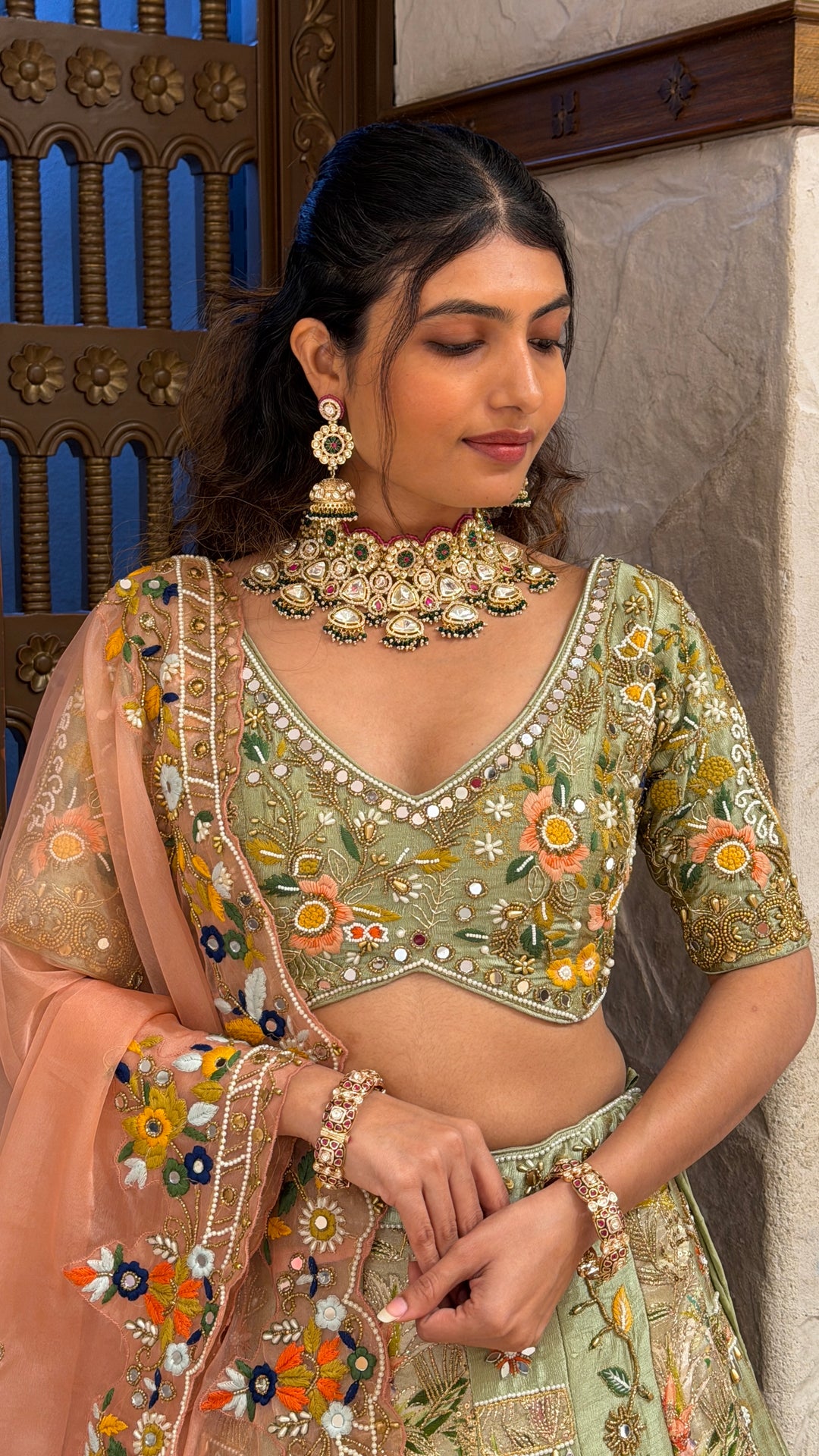 Sage Green Floral Embroidered Bridal Lehenga Set