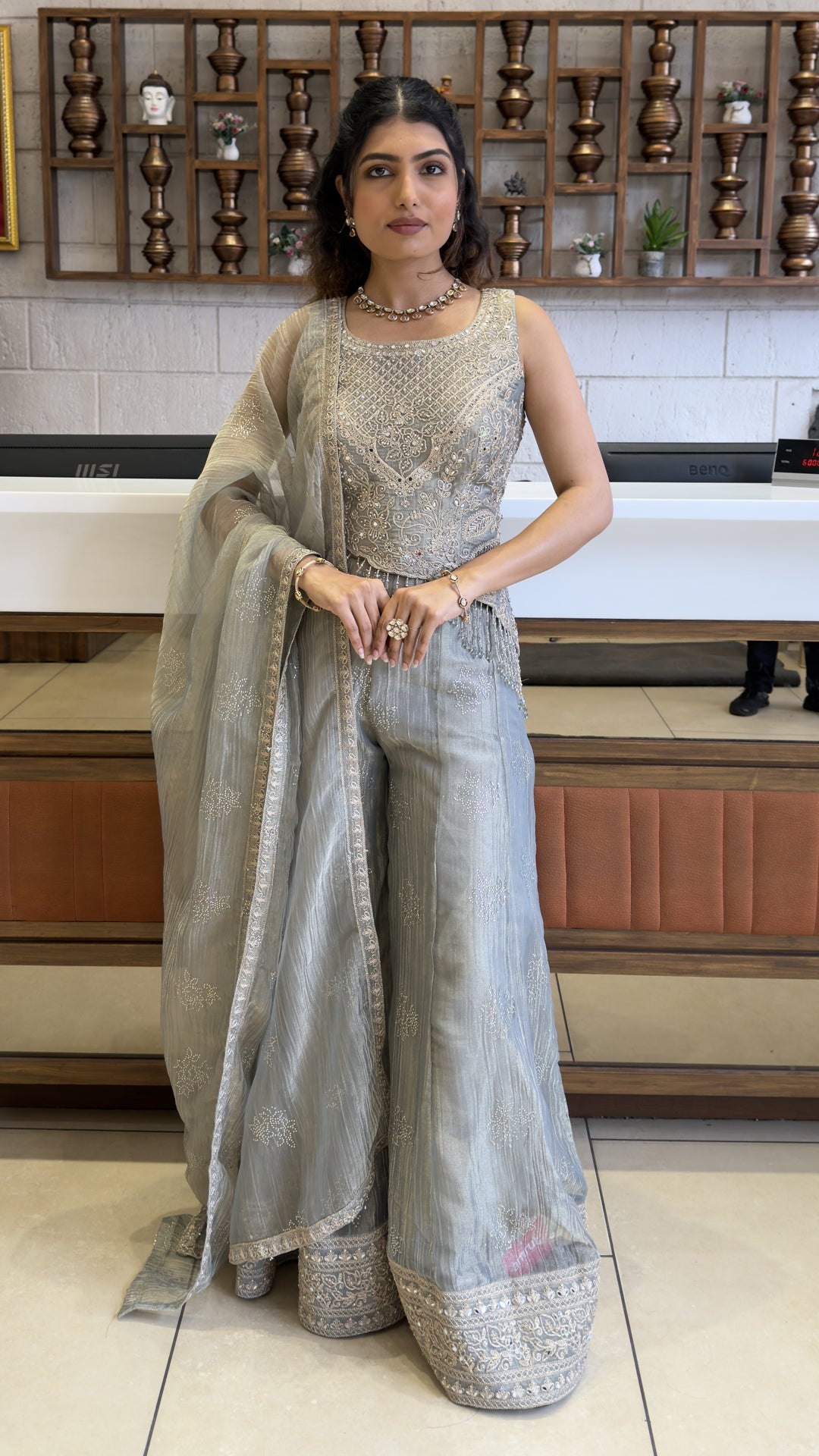 Silver Grey Designer Palazzo Suit Set with Embellished Kurti & Organza Dupatta