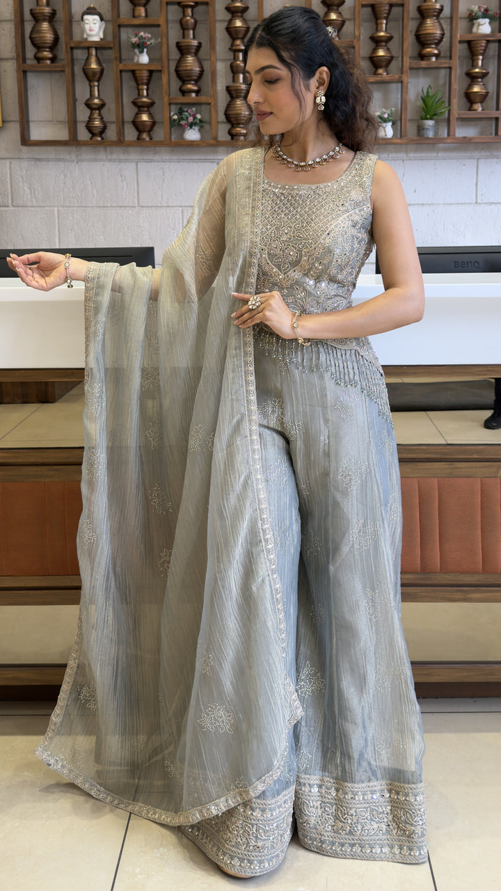 Silver Grey Designer Palazzo Suit Set with Embellished Kurti & Organza Dupatta