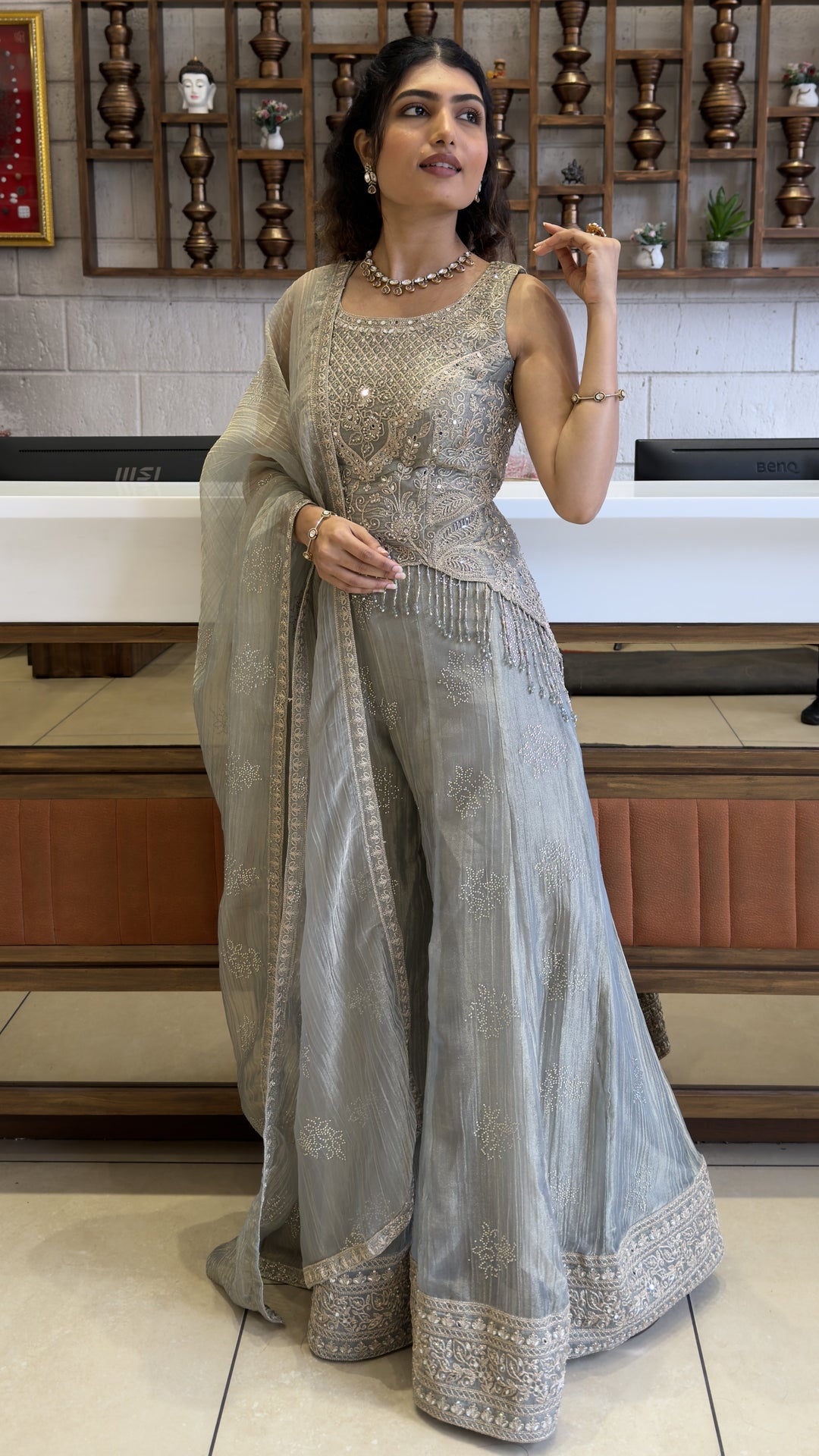Silver Grey Designer Palazzo Suit Set with Embellished Kurti & Organza Dupatta