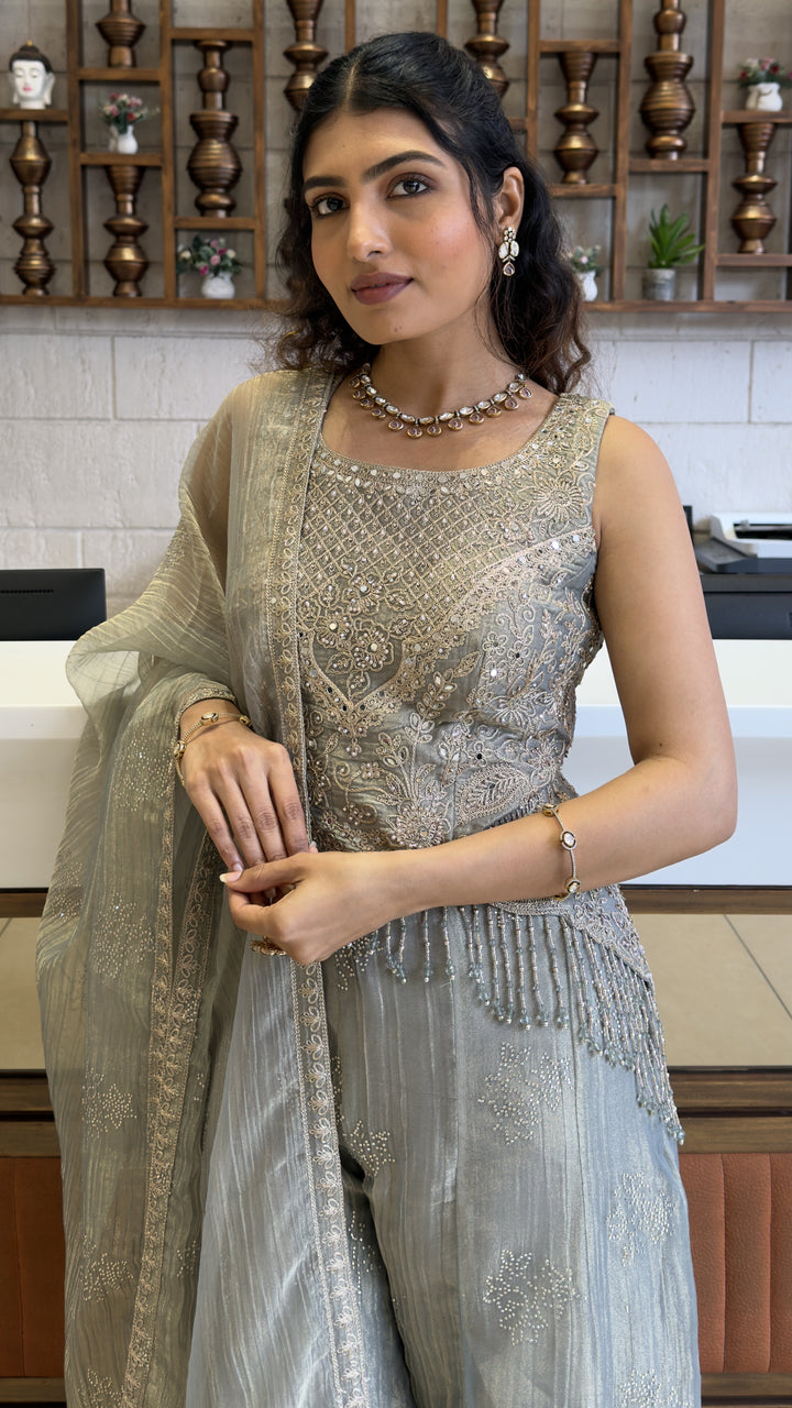 Silver Grey Designer Palazzo Suit Set with Embellished Kurti & Organza Dupatta