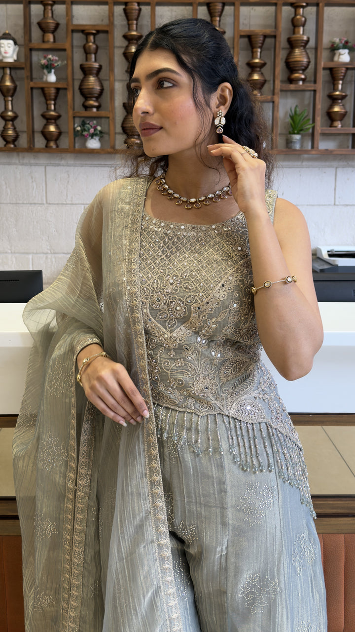 Silver Grey Designer Palazzo Suit Set with Embellished Kurti & Organza Dupatta