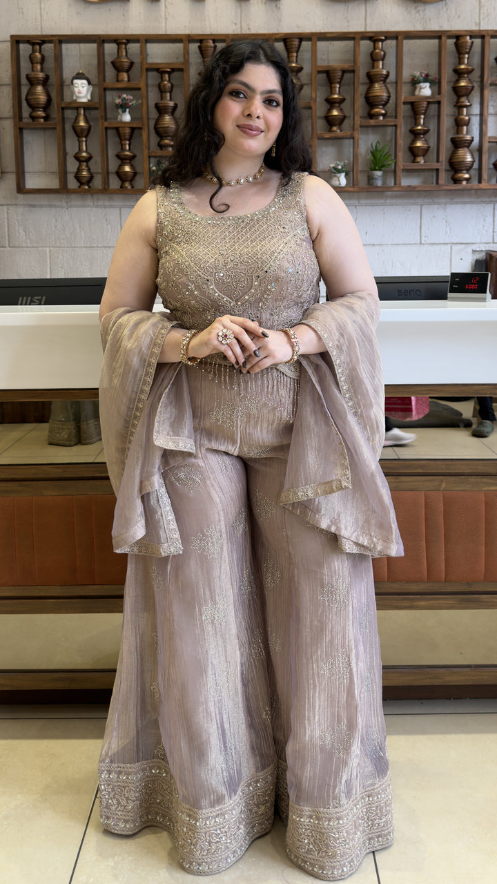 Dusty Mauve Designer Palazzo Suit Set with Embellished Kurti & Organza Dupatta