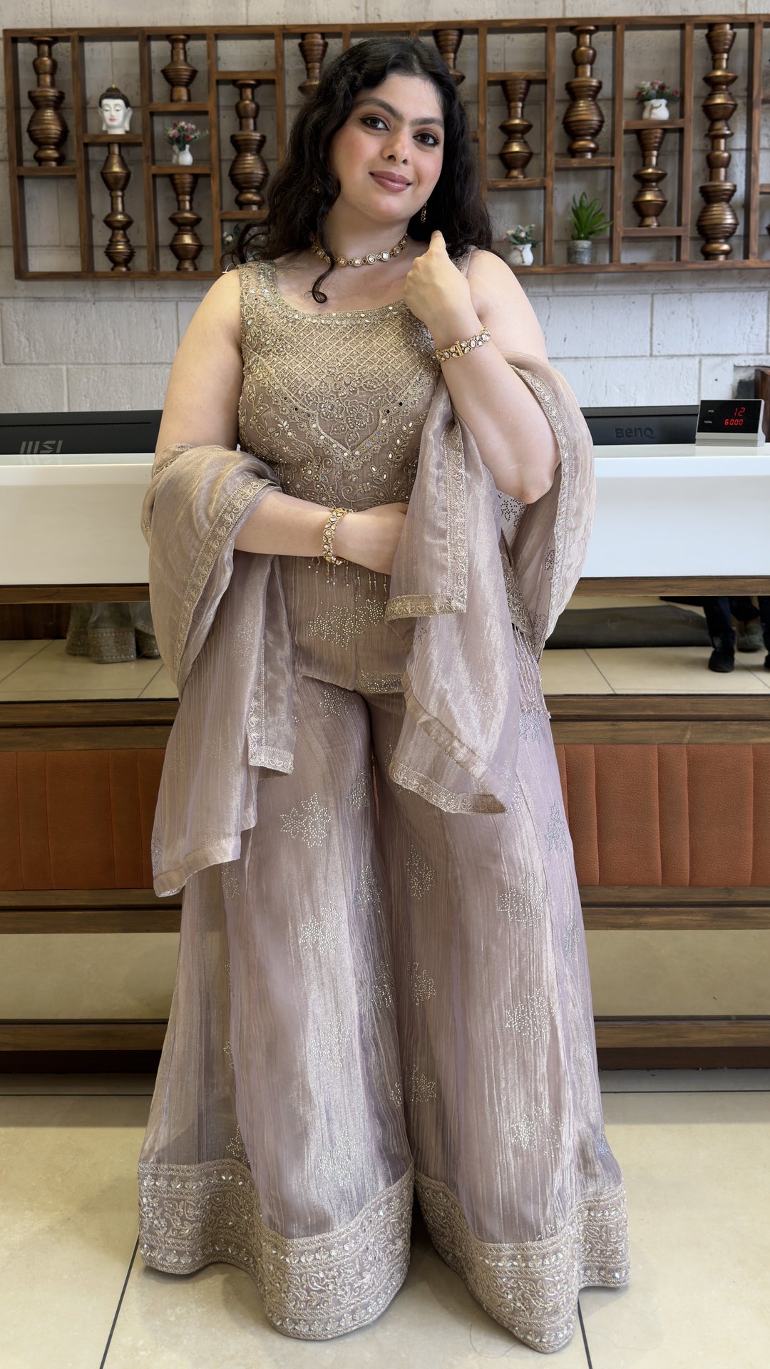 Dusty Mauve Designer Palazzo Suit Set with Embellished Kurti & Organza Dupatta
