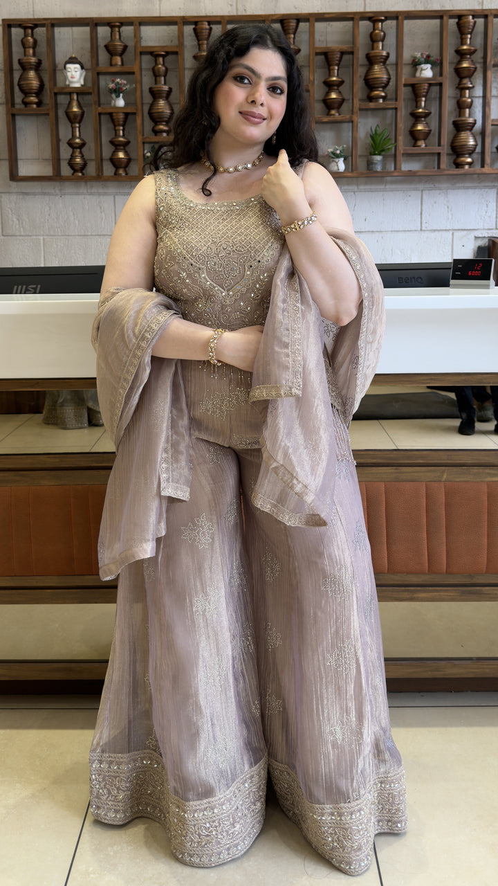 Dusty Mauve Designer Palazzo Suit Set with Embellished Kurti & Organza Dupatta