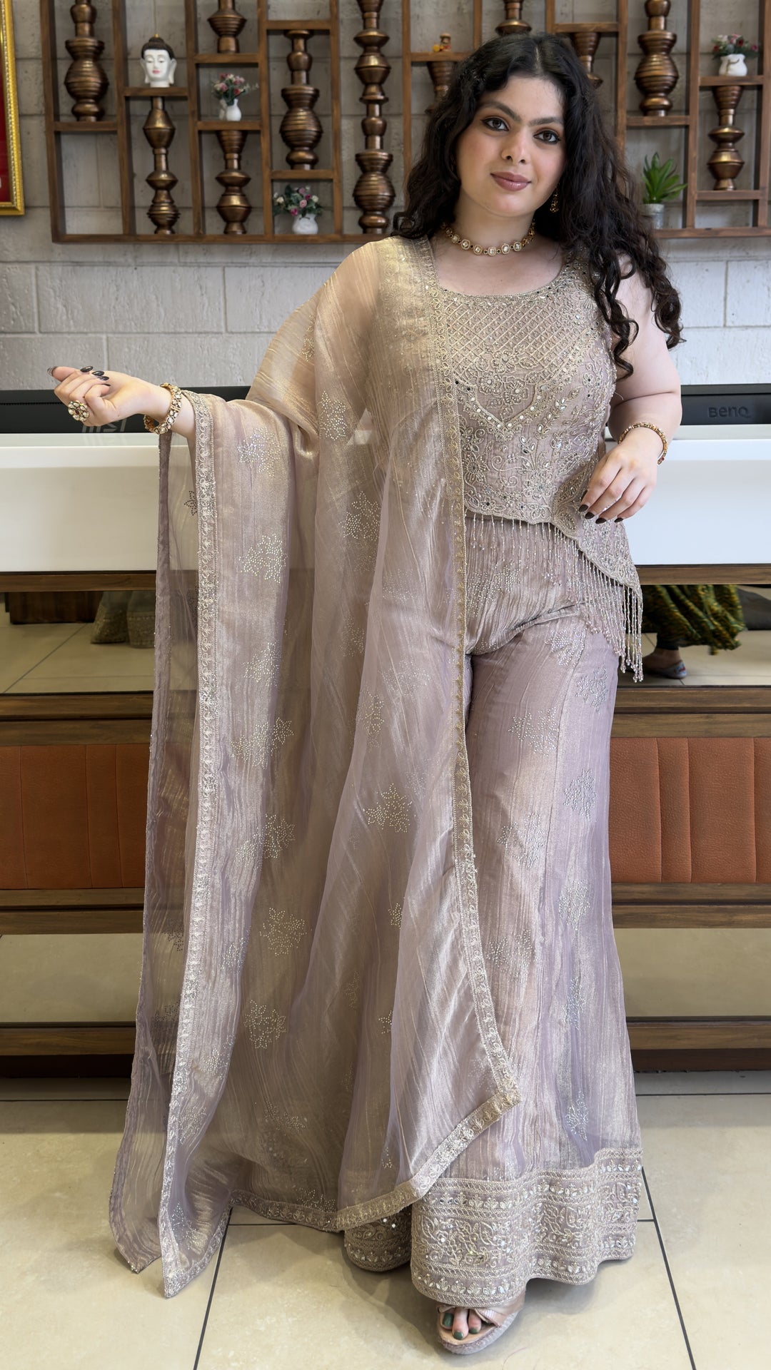 Dusty Mauve Designer Palazzo Suit Set with Embellished Kurti & Organza Dupatta