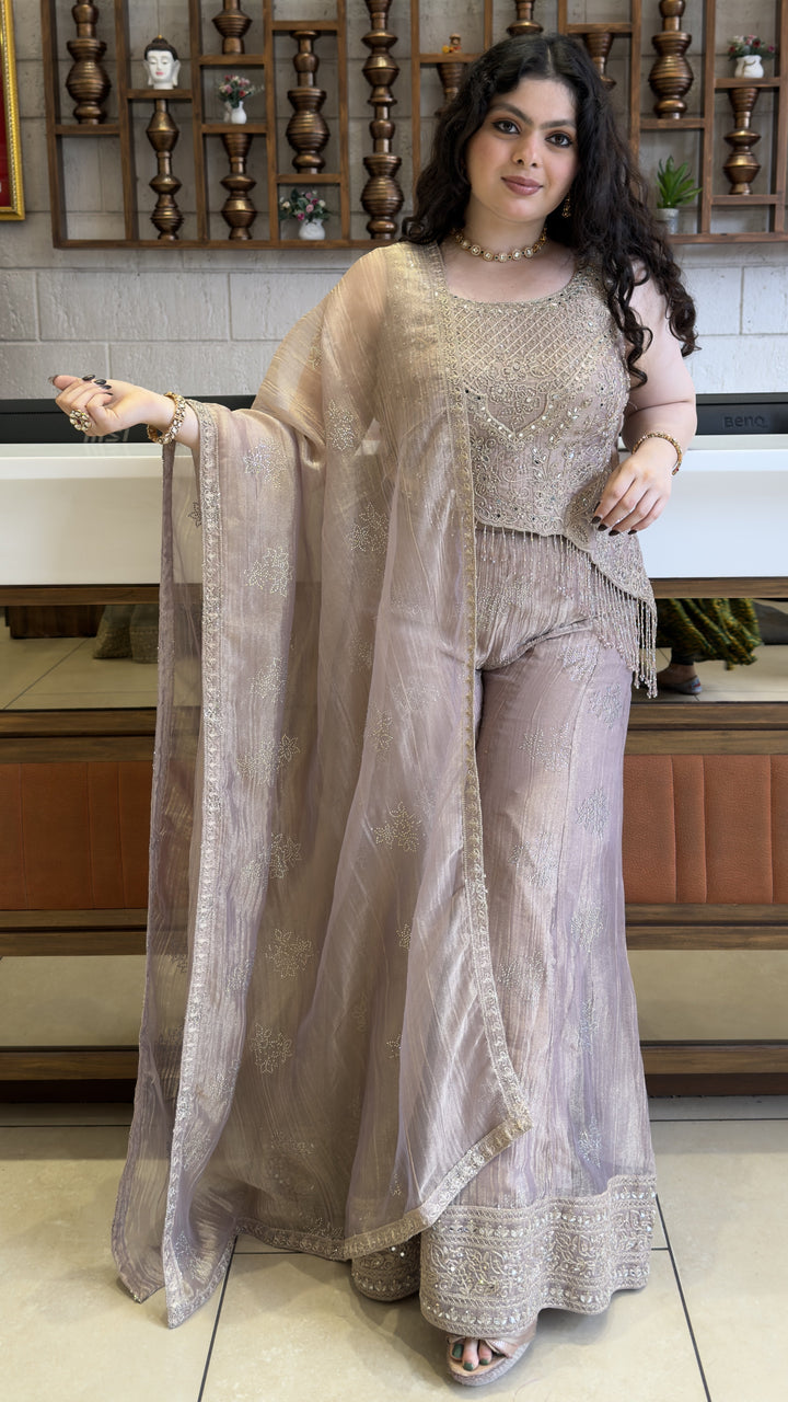 Dusty Mauve Designer Palazzo Suit Set with Embellished Kurti & Organza Dupatta