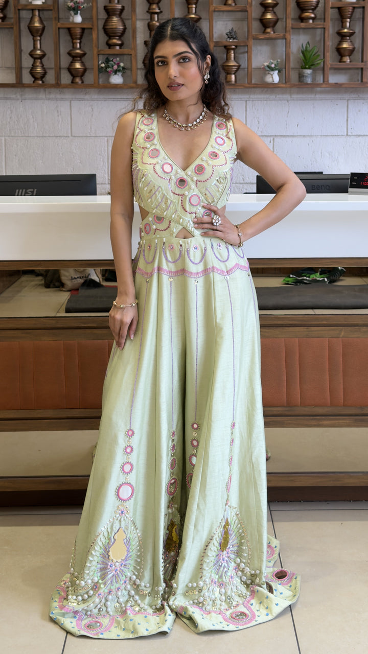 Pastel Lime Designer Indo-Western Jumpsuit with Mirror Embroidery
