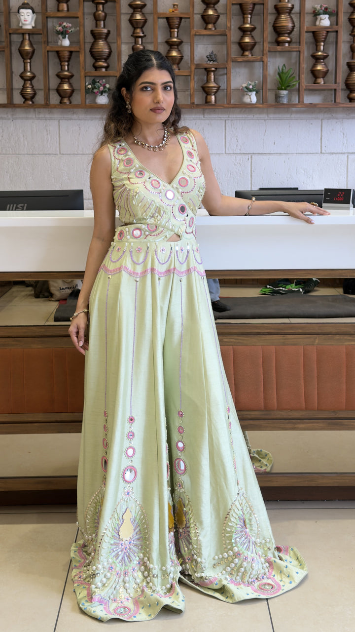 Pastel Lime Designer Indo-Western Jumpsuit with Mirror Embroidery
