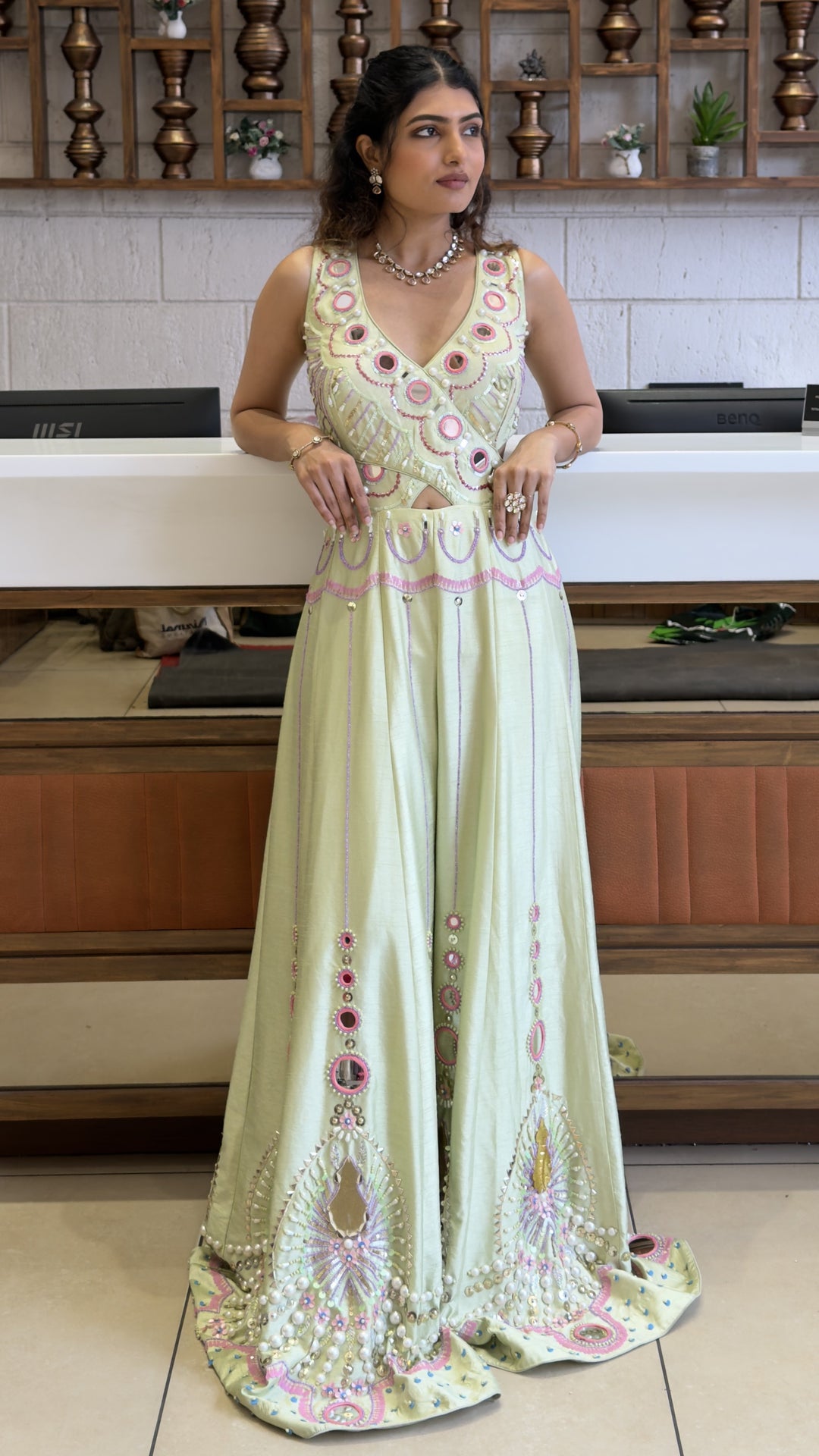 Pastel Lime Designer Indo-Western Jumpsuit with Mirror Embroidery