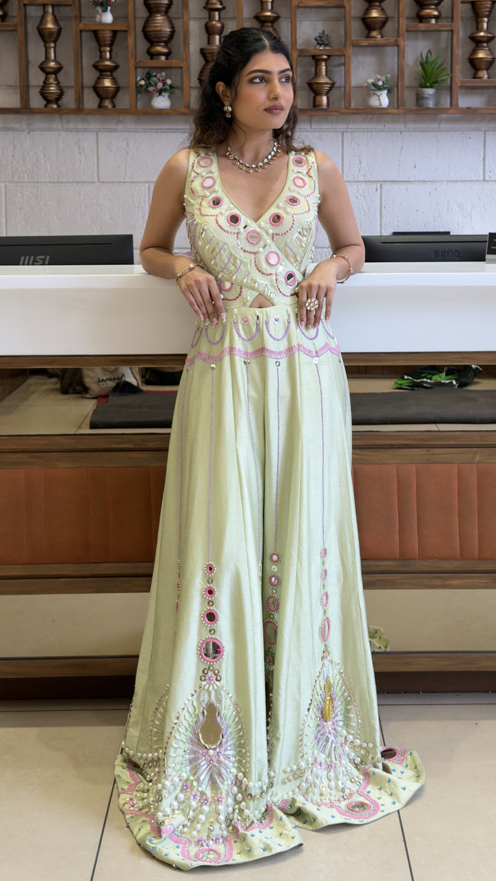 Pastel Lime Designer Indo-Western Jumpsuit with Mirror Embroidery