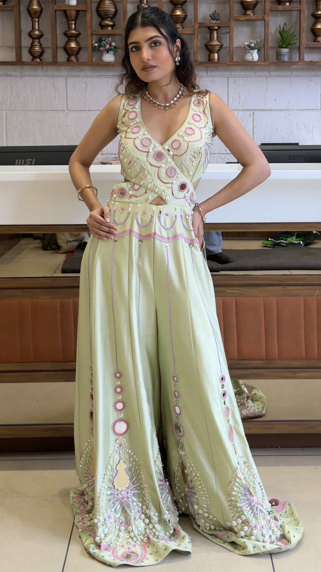 Pastel Lime Designer Indo-Western Jumpsuit with Mirror Embroidery