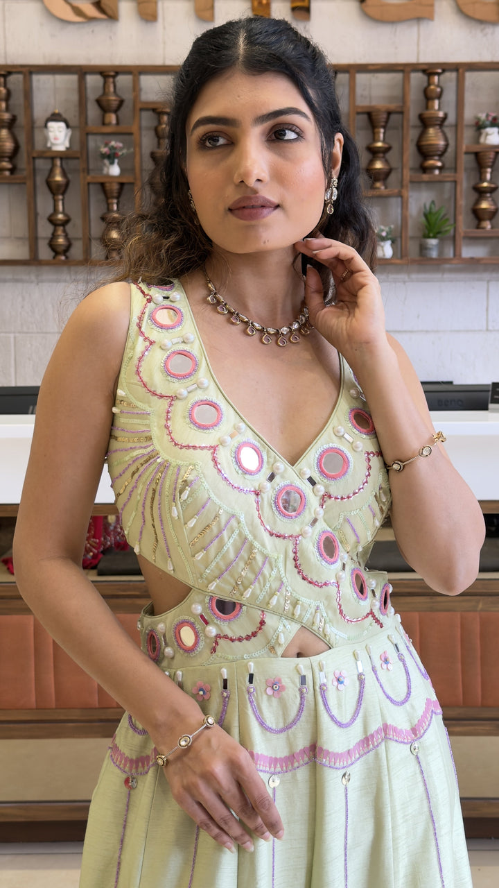 Pastel Lime Designer Indo-Western Jumpsuit with Mirror Embroidery