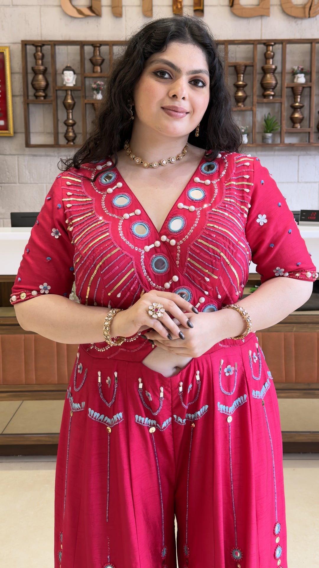 Rani Pink Designer Mirror Work Palazzo Set with Embellished Crop Top