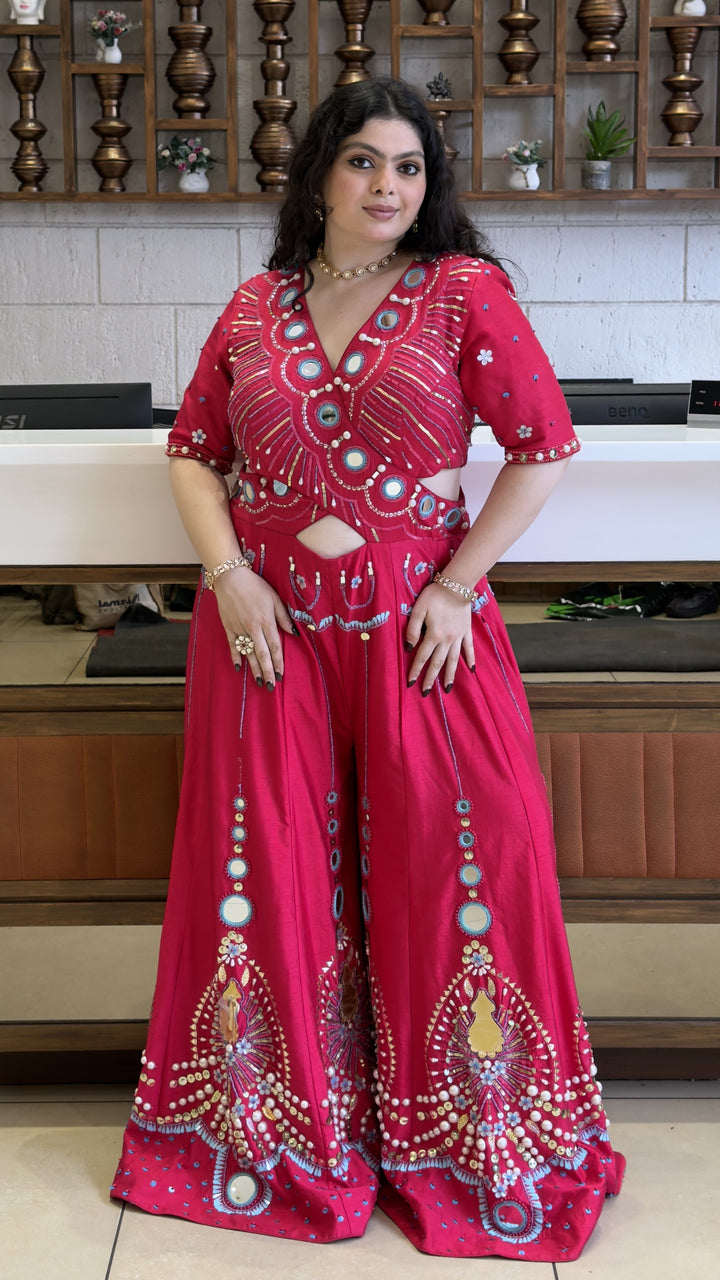 Rani Pink Designer Mirror Work Palazzo Set with Embellished Crop Top