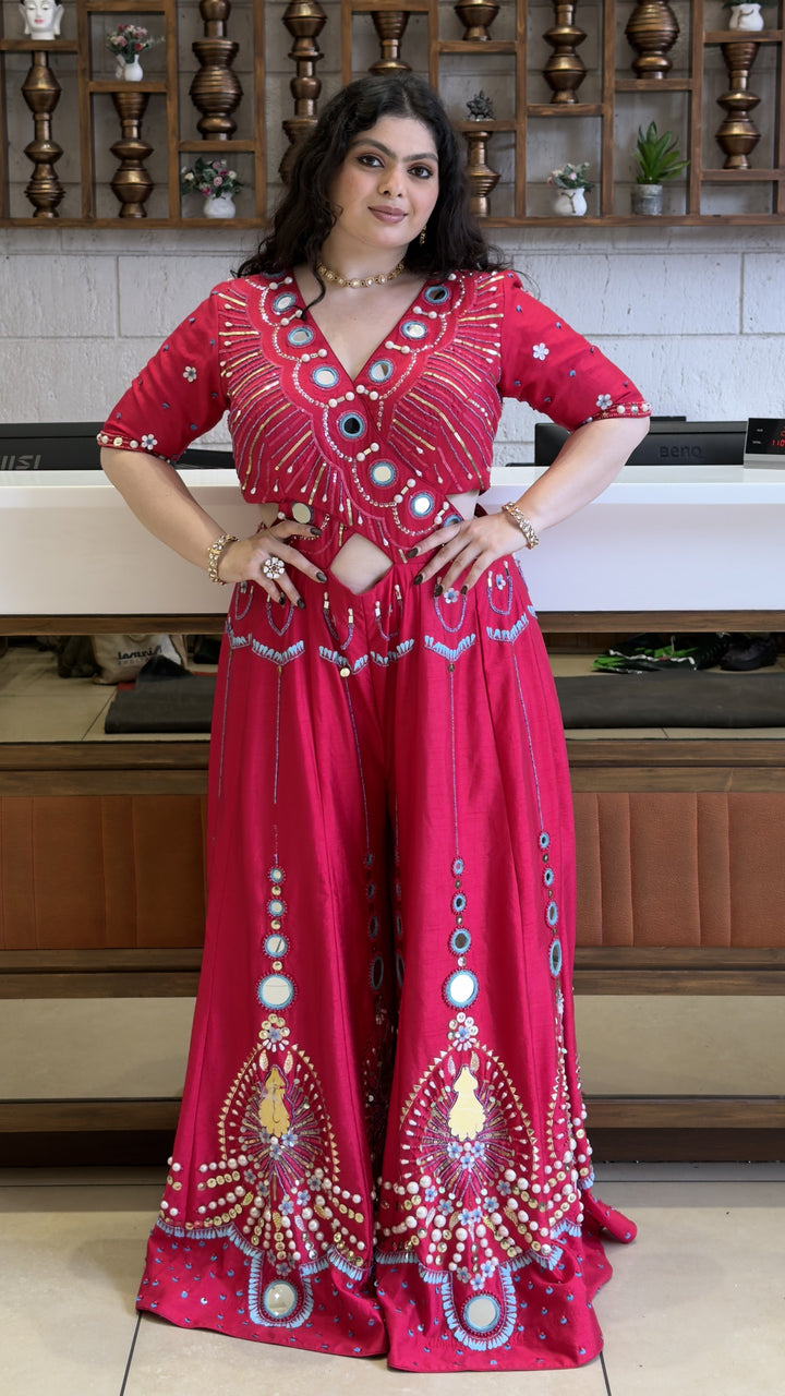 Rani Pink Designer Mirror Work Palazzo Set with Embellished Crop Top
