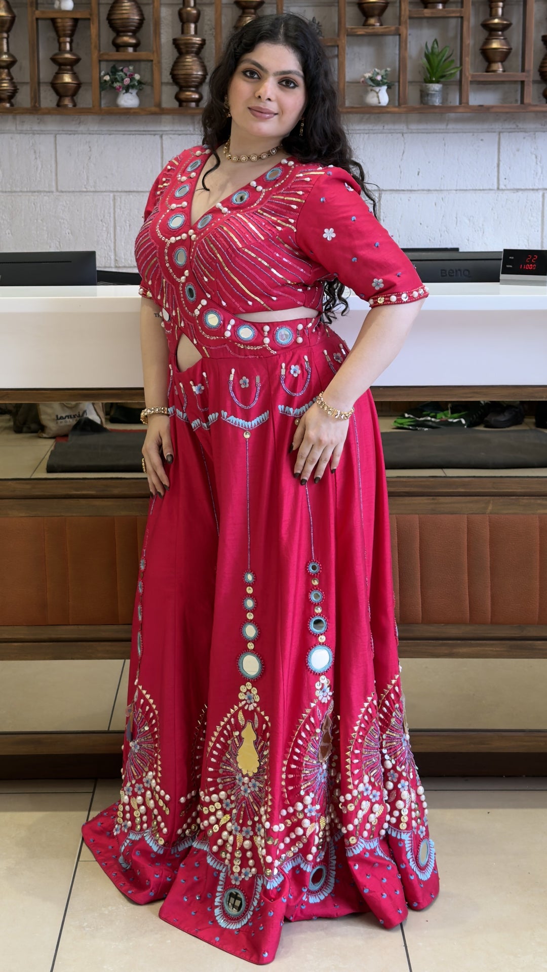 Rani Pink Designer Mirror Work Palazzo Set with Embellished Crop Top