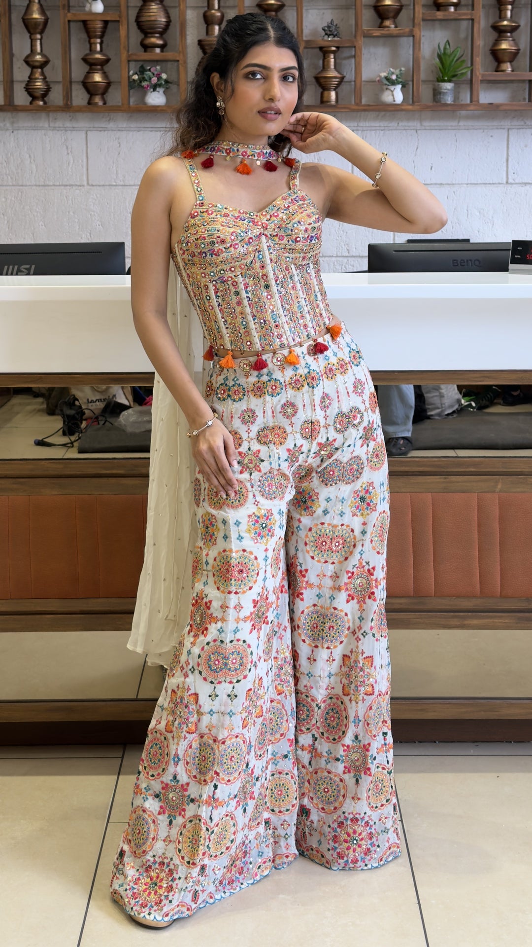 Ivory Printed Designer Co-Ord Set with Embellished Bustier & Wide-Leg Palazzo