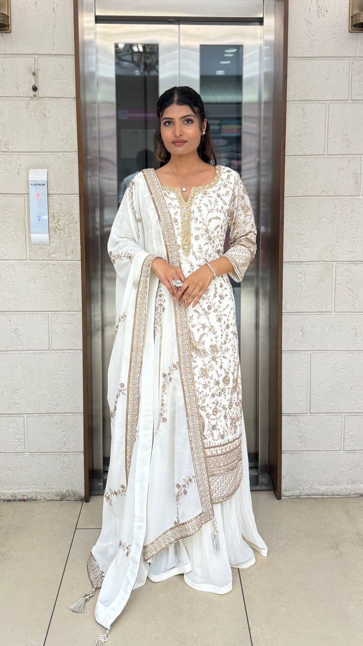 Ivory White Embroidered Anarkali Suit Set with Matching Dupatta
