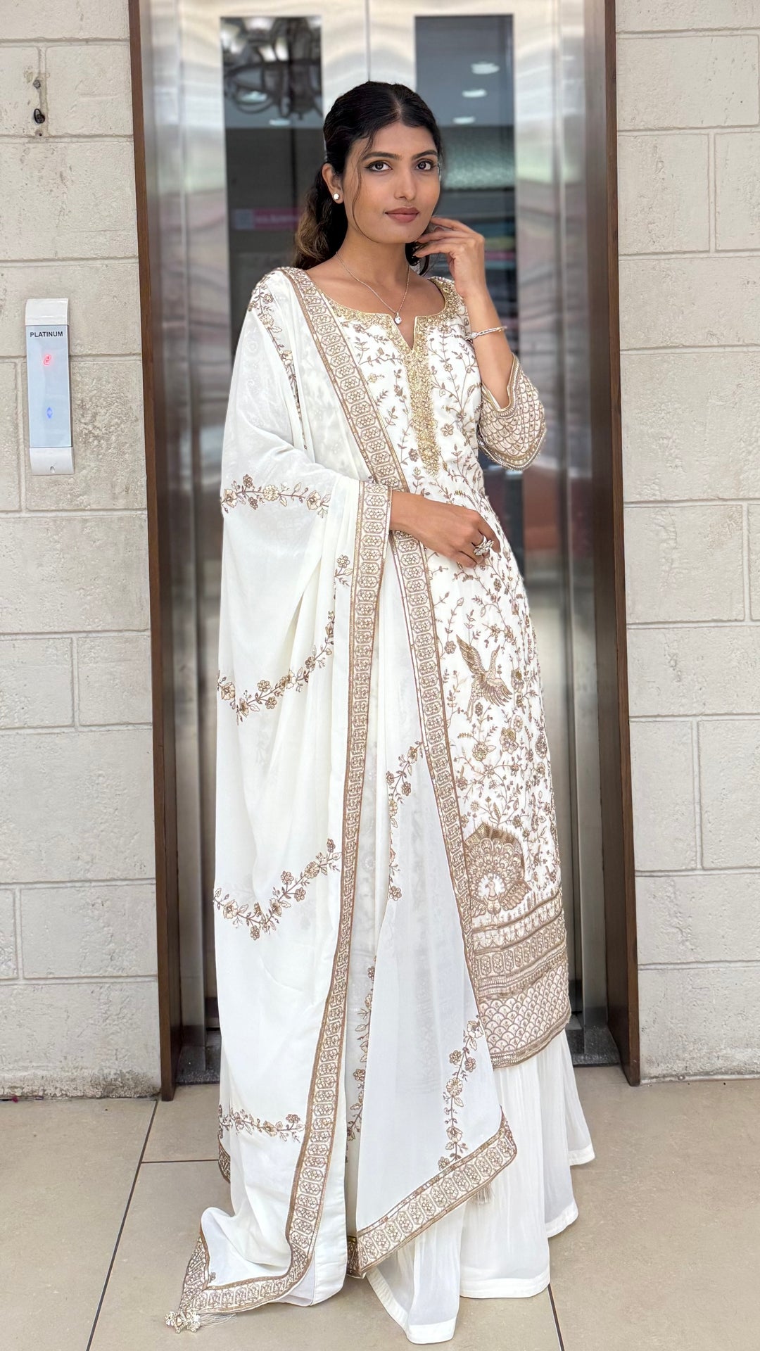 Ivory White Embroidered Anarkali Suit Set with Matching Dupatta