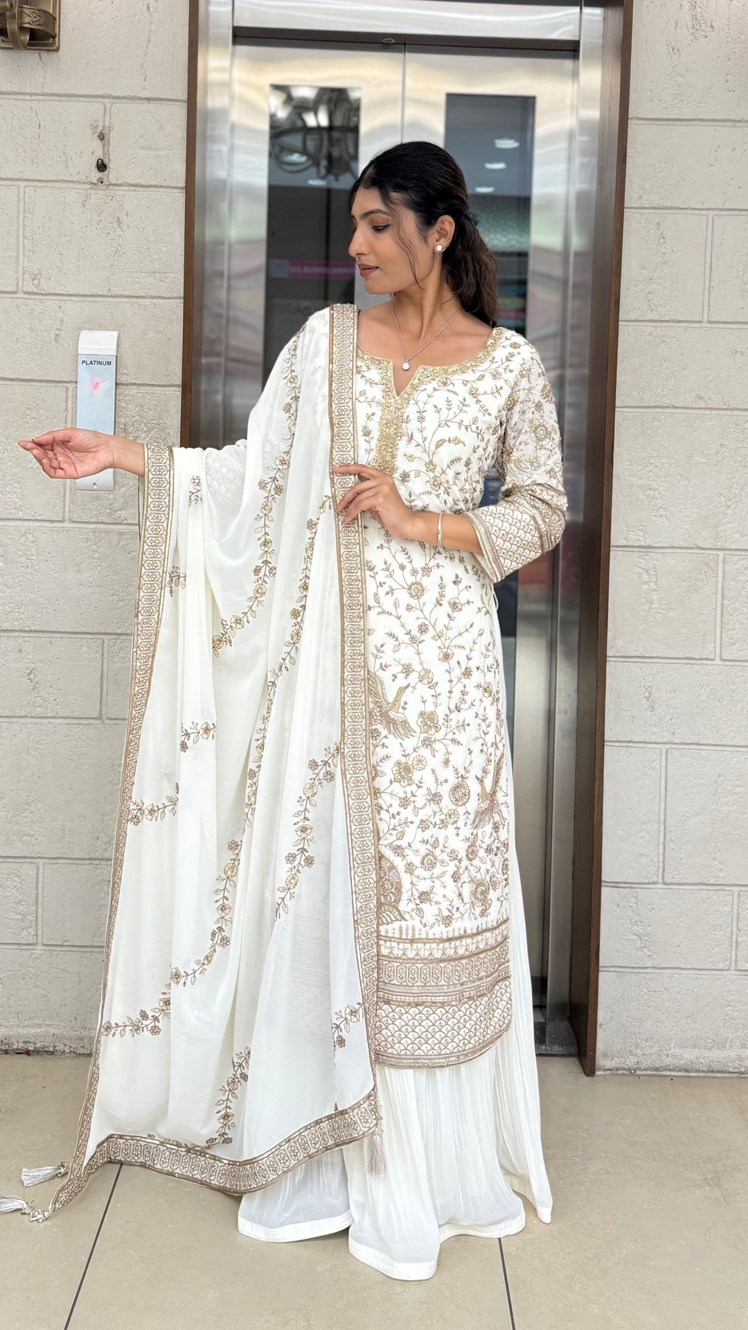 Ivory White Embroidered Anarkali Suit Set with Matching Dupatta