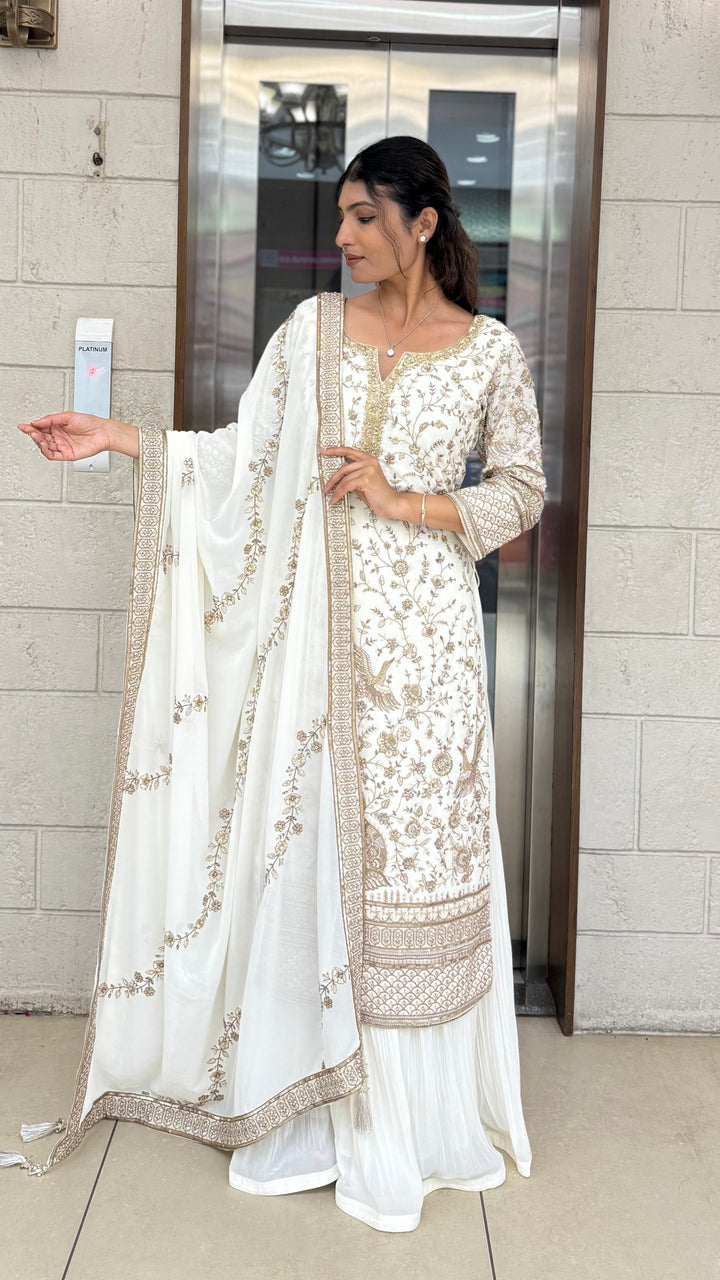 Ivory White Embroidered Anarkali Suit Set with Matching Dupatta