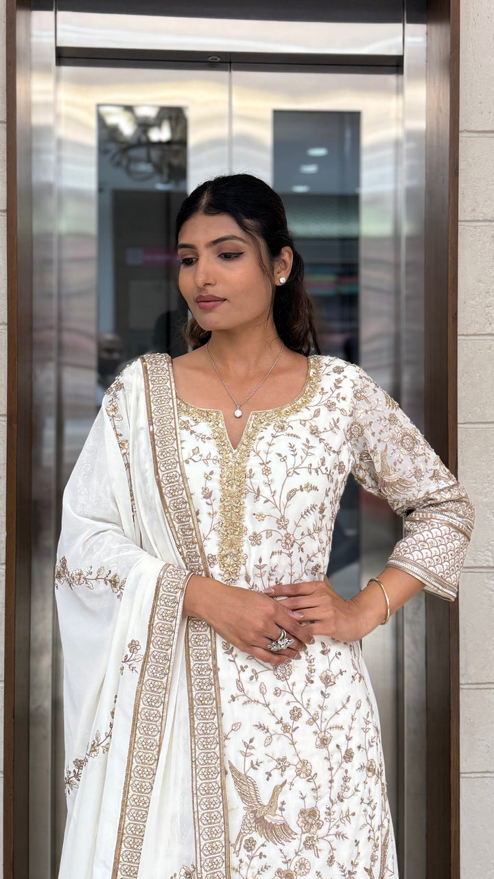 Ivory White Embroidered Anarkali Suit Set with Matching Dupatta