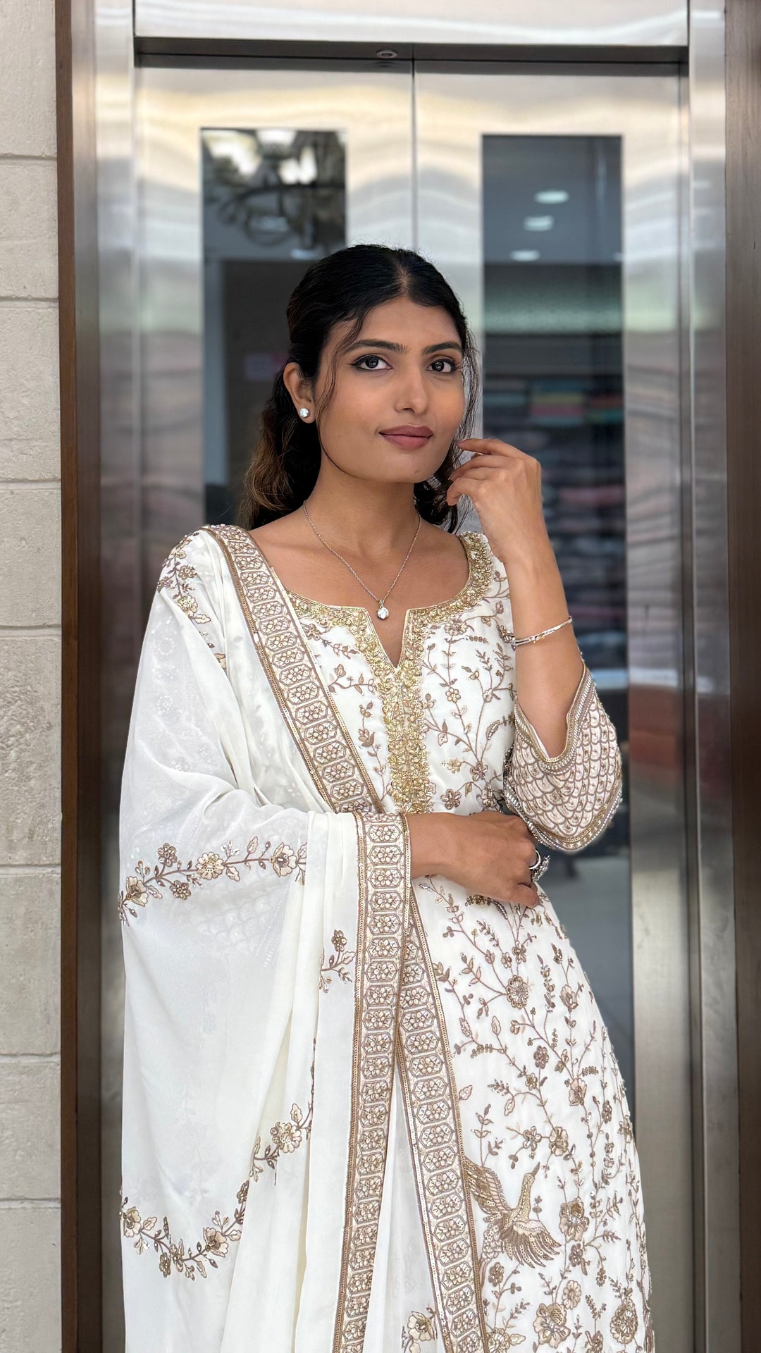 Ivory White Embroidered Anarkali Suit Set with Matching Dupatta