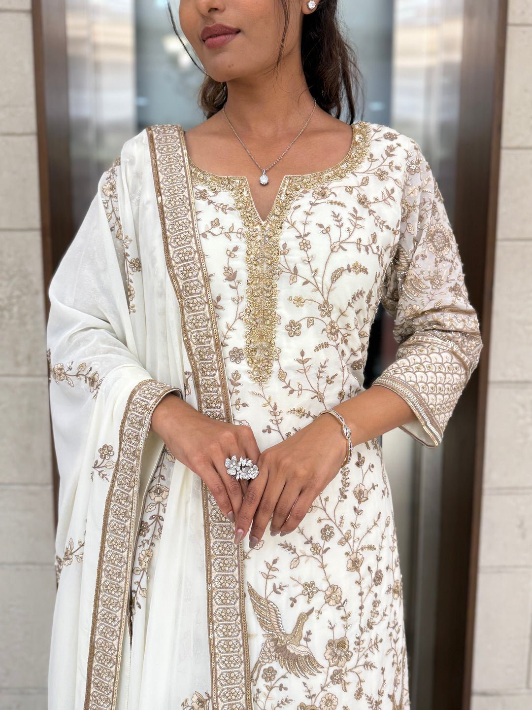 Ivory White Embroidered Anarkali Suit Set with Matching Dupatta