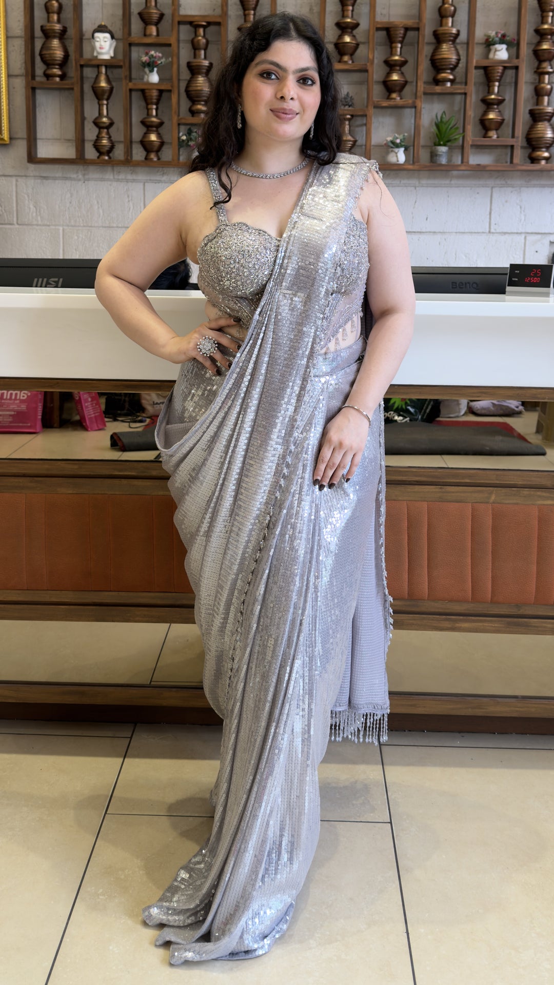 Silver Sequin Ready-to-Wear Designer Saree with Embellished Blouse