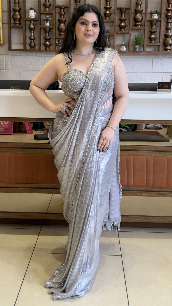 Silver Sequin Ready-to-Wear Designer Saree with Embellished Blouse