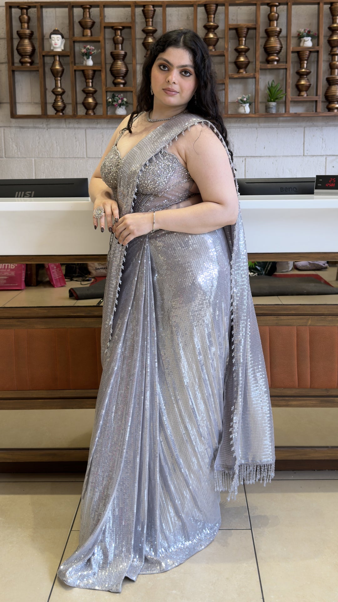 Silver Sequin Ready-to-Wear Designer Saree with Embellished Blouse