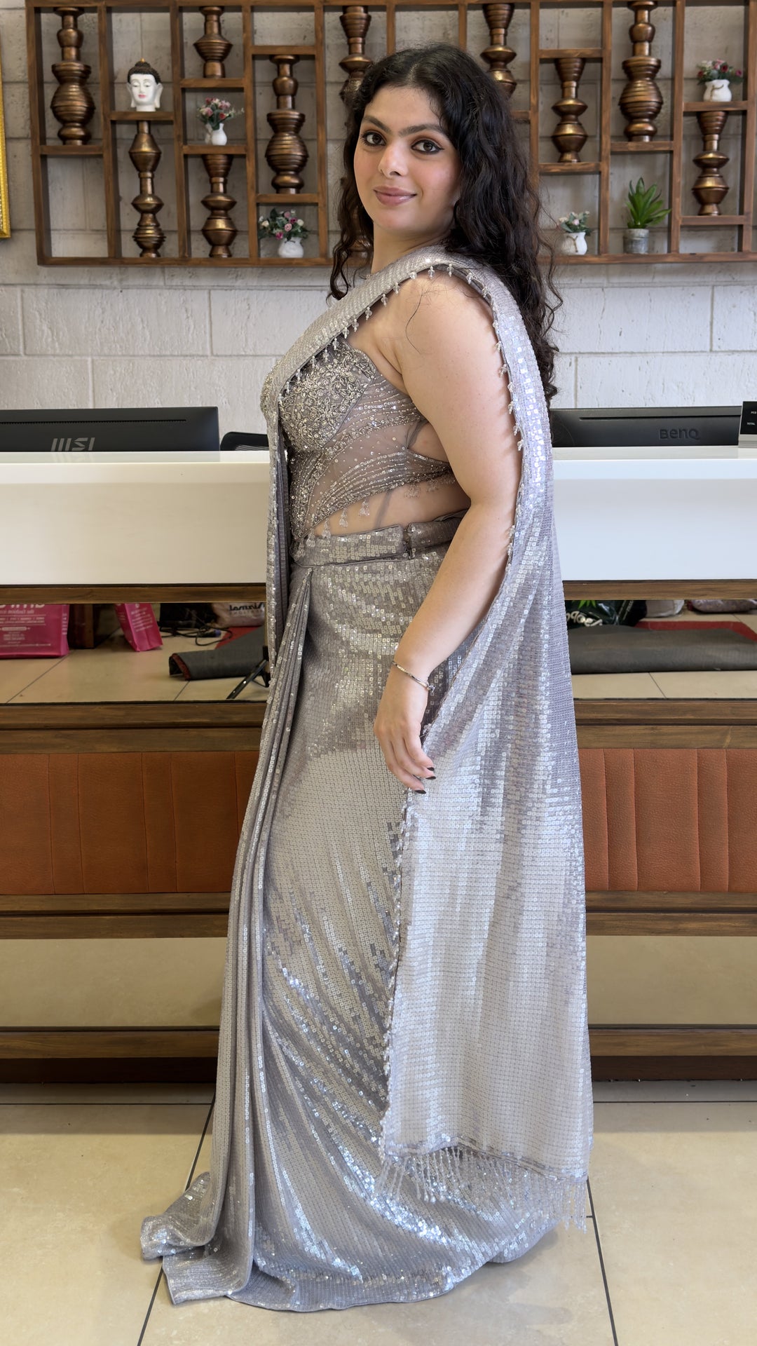 Silver Sequin Ready-to-Wear Designer Saree with Embellished Blouse