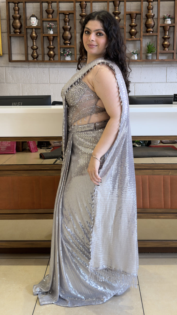 Silver Sequin Ready-to-Wear Designer Saree with Embellished Blouse