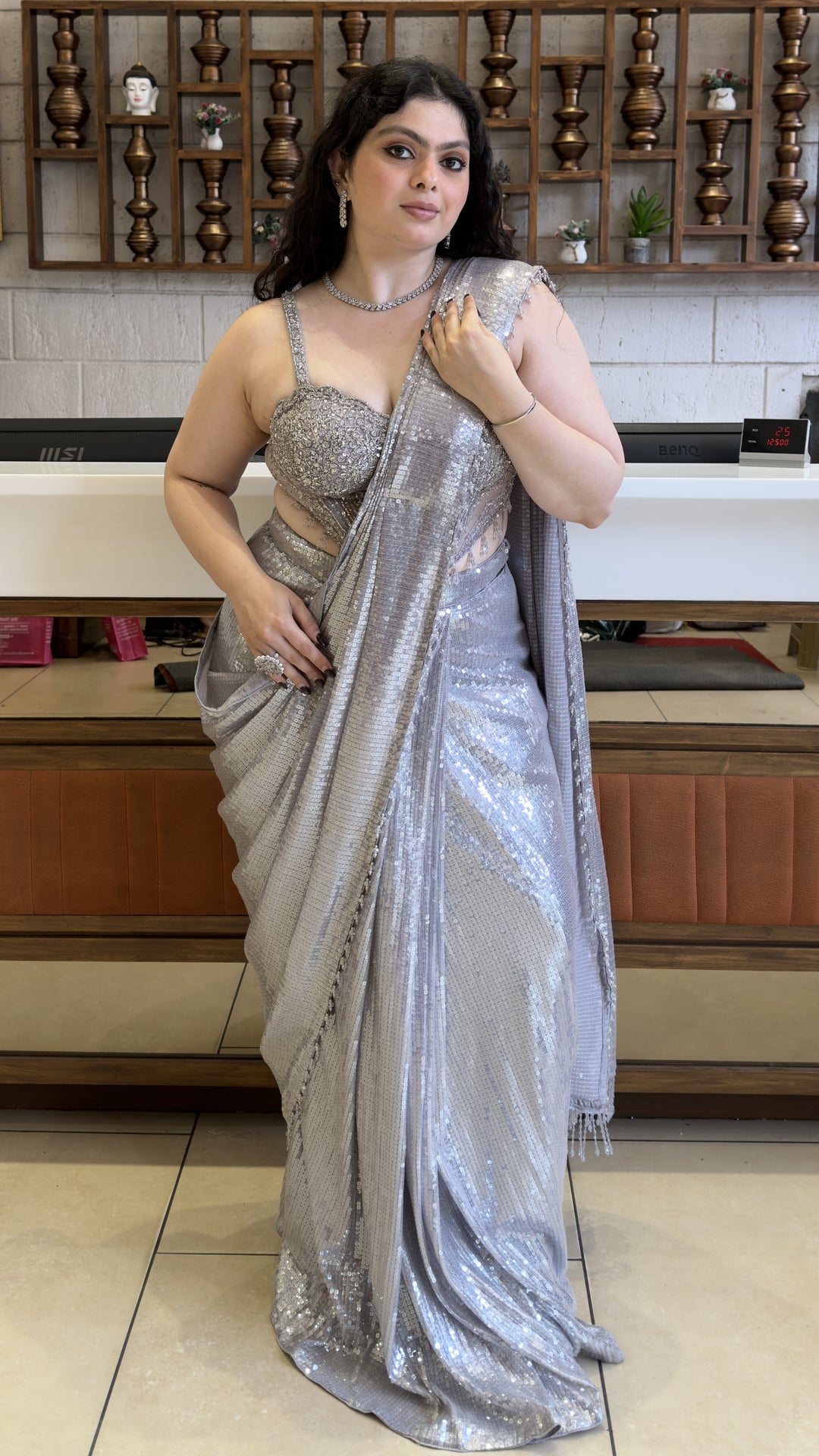 Silver Sequin Ready-to-Wear Designer Saree with Embellished Blouse