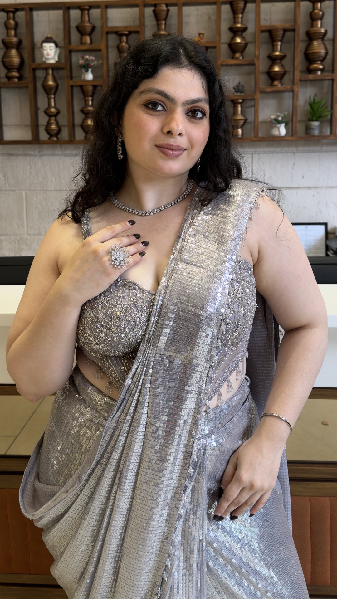 Silver Sequin Ready-to-Wear Designer Saree with Embellished Blouse