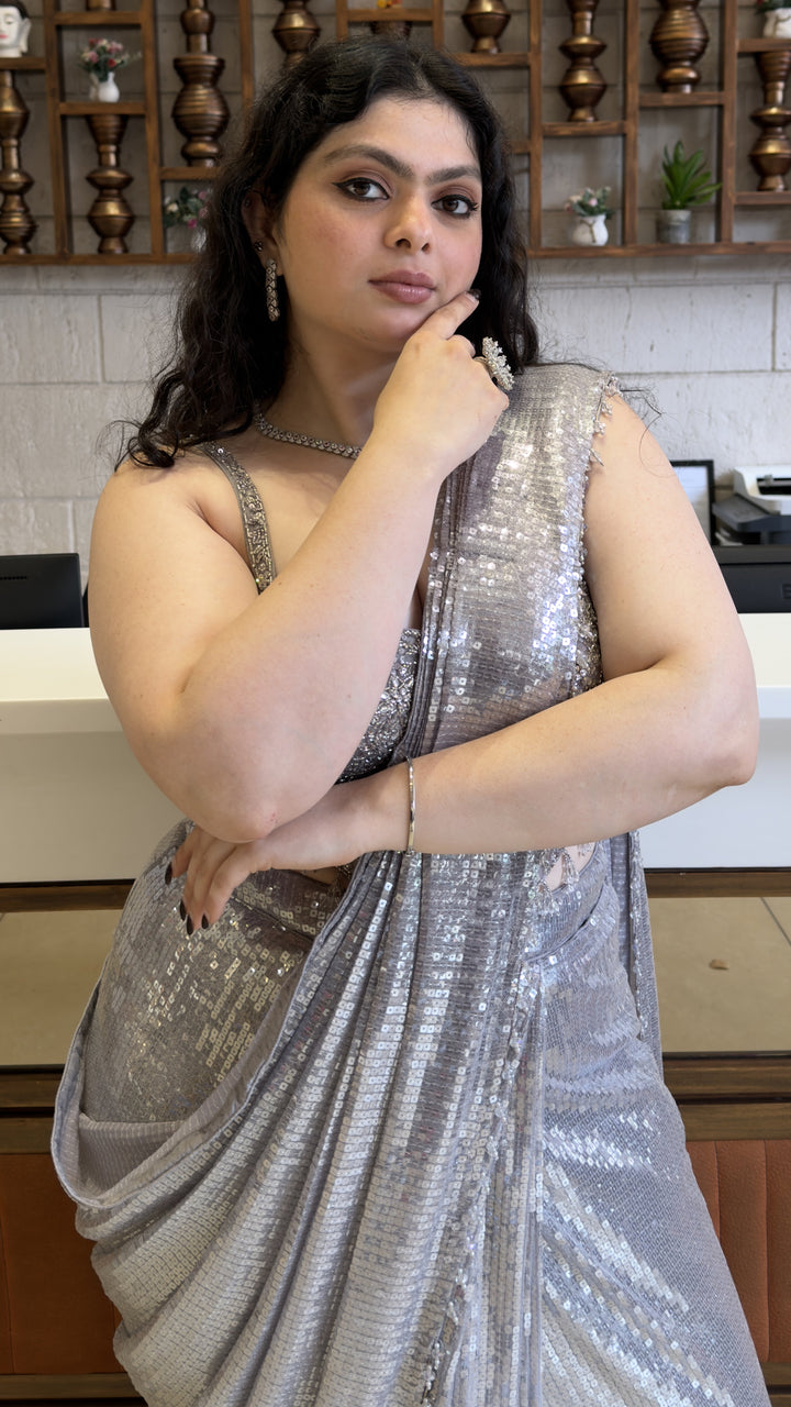 Silver Sequin Ready-to-Wear Designer Saree with Embellished Blouse