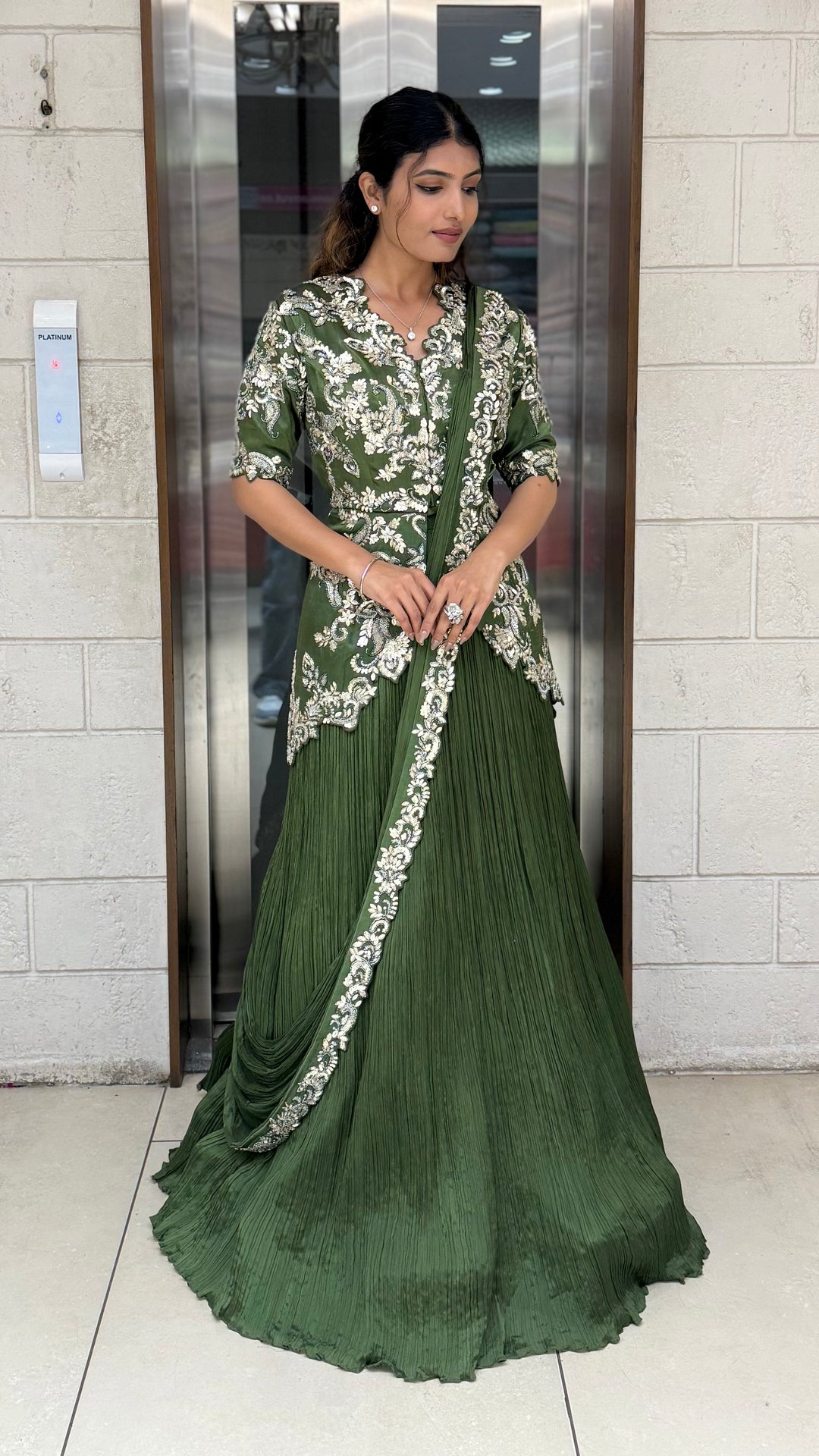 Olive Green Embroidered Anarkali Gown with Elegant Floral Handwork