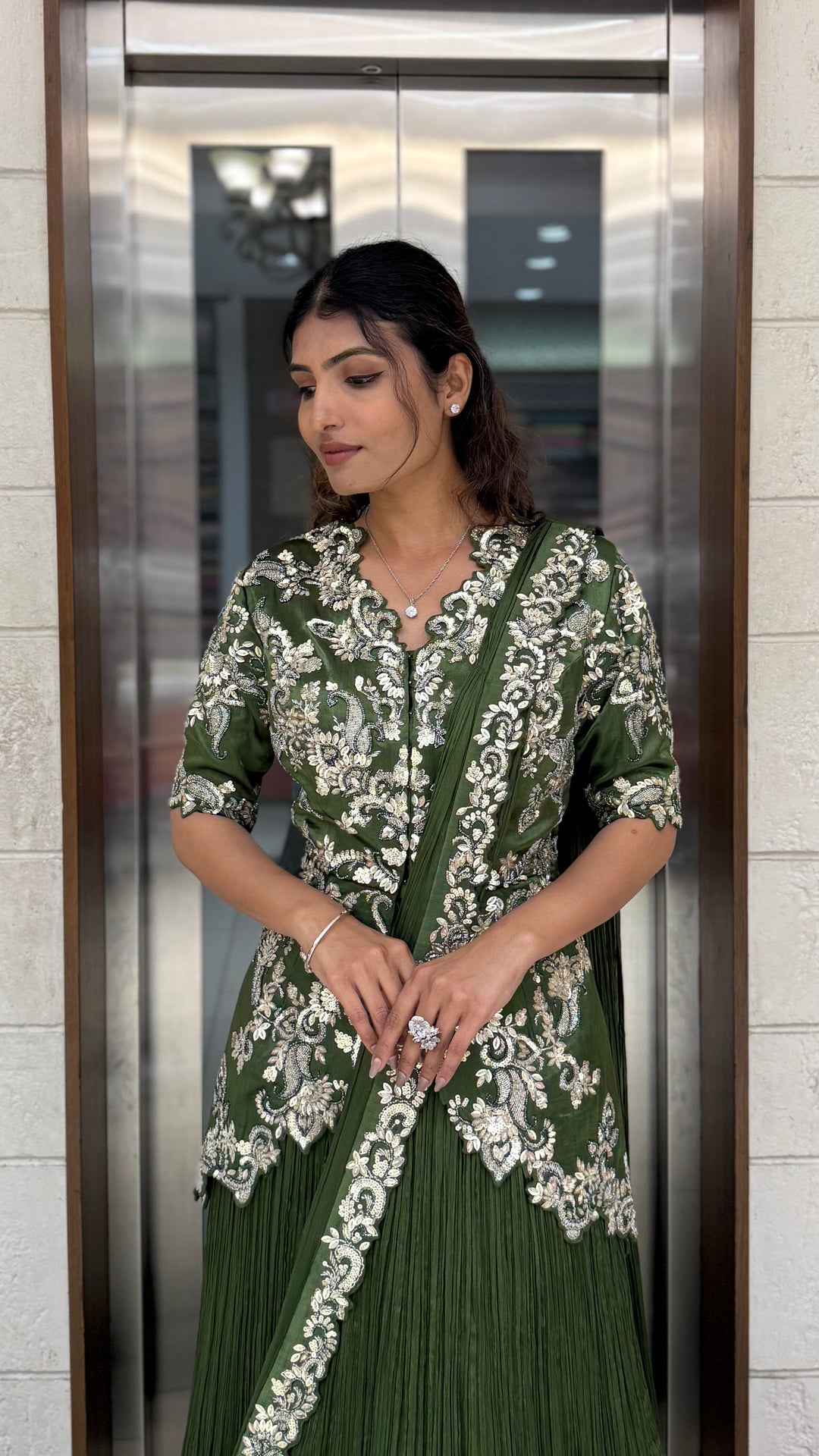 Olive Green Embroidered Anarkali Gown with Elegant Floral Handwork