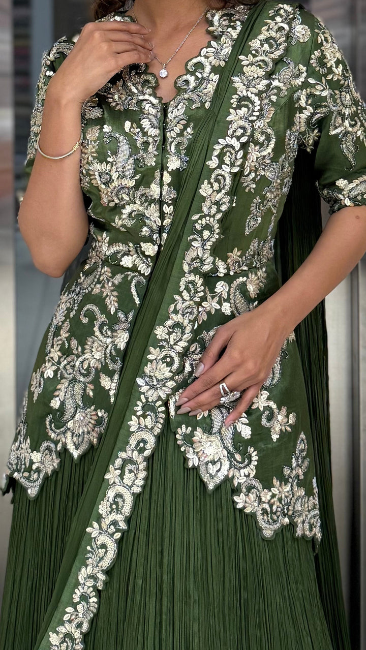 Olive Green Embroidered Anarkali Gown with Elegant Floral Handwork