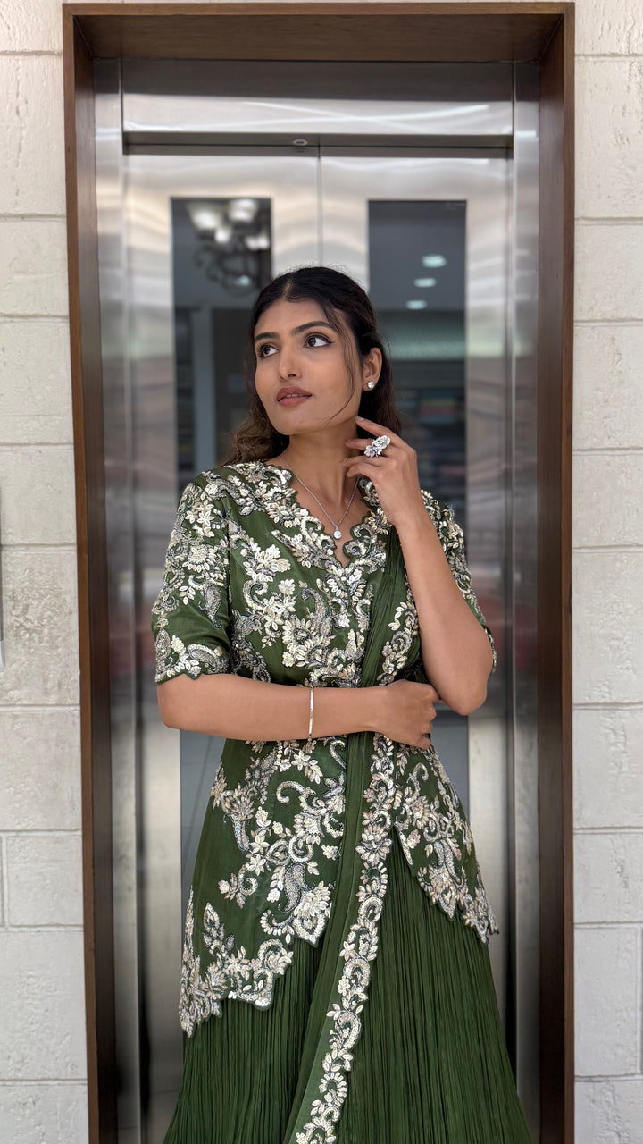 Olive Green Embroidered Anarkali Gown with Elegant Floral Handwork