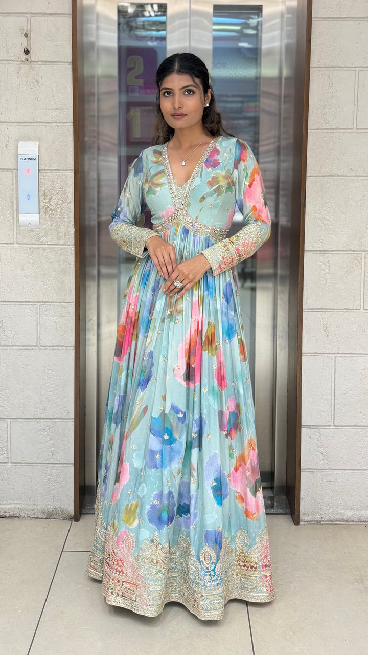 Pastel Aqua Floral Silk Anarkali Gown with Hand-Embellished Border & Elegant V-Neck Detailing