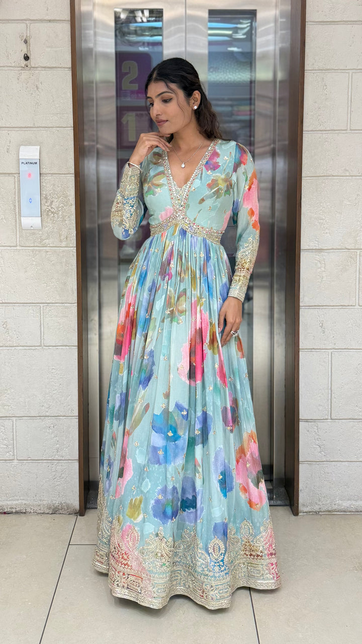 Pastel Aqua Floral Silk Anarkali Gown with Hand-Embellished Border & Elegant V-Neck Detailing