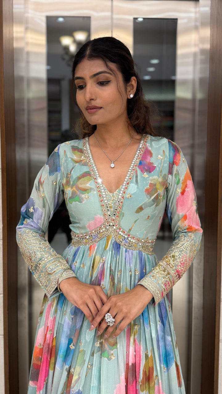 Pastel Aqua Floral Silk Anarkali Gown with Hand-Embellished Border & Elegant V-Neck Detailing
