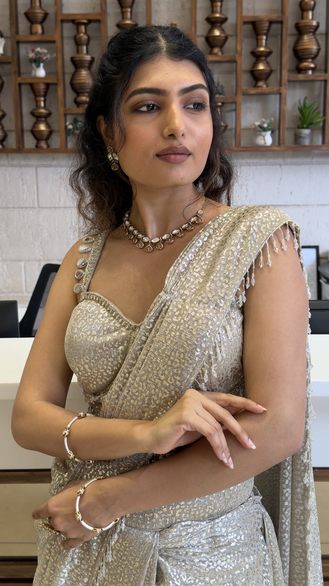 Champagne Gold Ready-to-Wear Designer Saree with Embellished Blouse